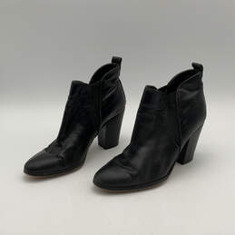 Womens Black Leather Almond Toe Block Heel Ankle Boots Size 9.5 M
