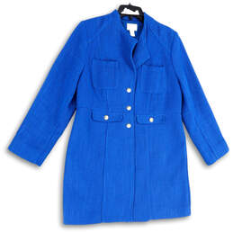 Womens Blue Long Sleeve Pockets Regular Fit Button Front Overcoat Size 1