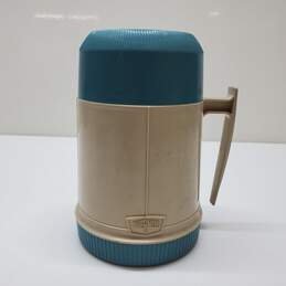 Vintage Thermos Model #6002 Wide Mouth Blue & Tan Thermos alternative image