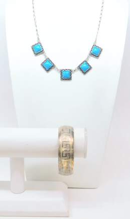 Vintage 925 Faux Turquoise Necklace & Greek Key Cuff Bracelet 35.5g