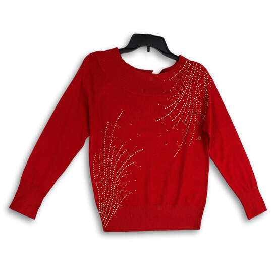 Womens Red Knitted Rhinestone Long Sleeve Round Neck Pullover Sweater Sz L image number 1