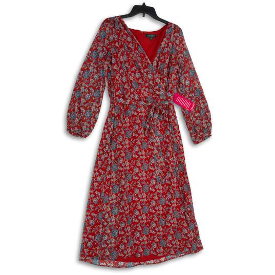 NWT Womens Red Floral Long Sleeve Back Zip Wrap Dress Size 14 image number 1