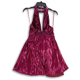 Womens Purple Sequin Sleeveless Halter Neck Back Zip Mini Dress Size 0
