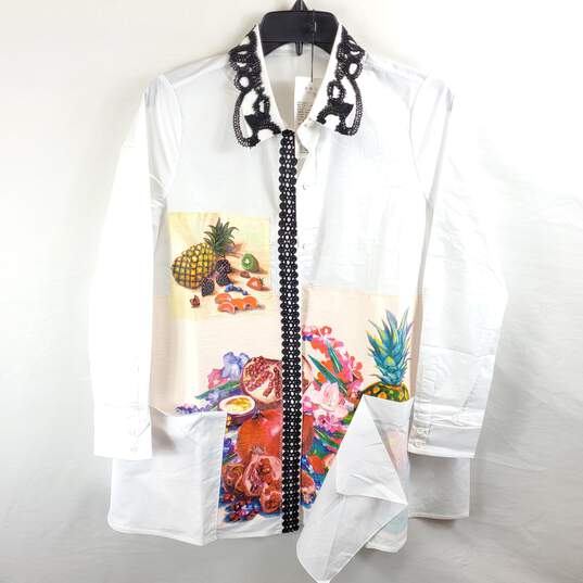 Jetezo Women White Graphic Lace Button Up Shirt L NWT image number 1