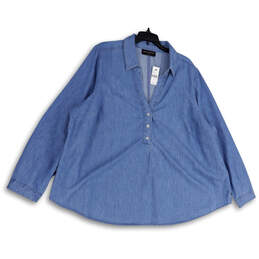 NWT Womens Blue Denim Spread Collar Long Sleeve 1/2 Button Blouse Top Sz 20