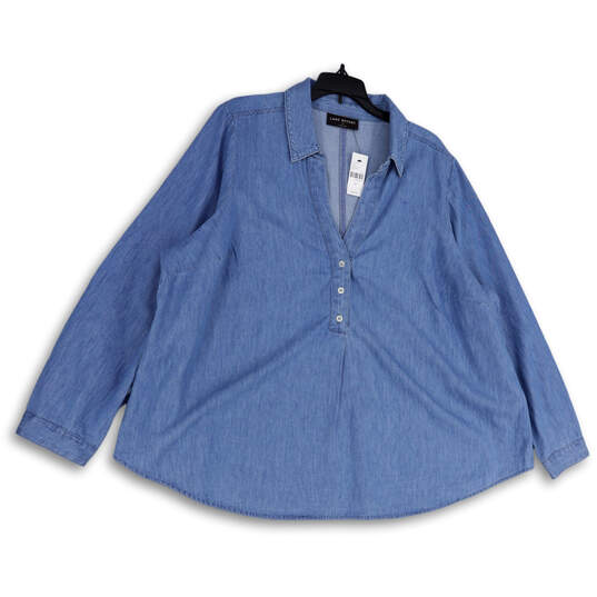 NWT Womens Blue Denim Spread Collar Long Sleeve 1/2 Button Blouse Top Sz 20 image number 1