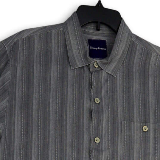 Mens Gray Striped Collared Chest Pocket Short Sleeve Button-Up Shirt Size L image number 3