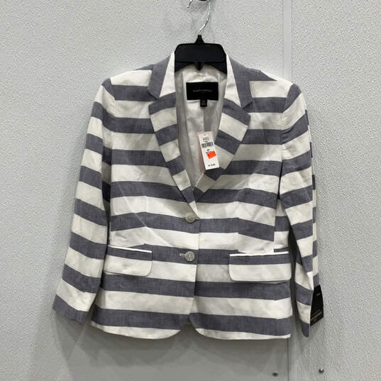 NWT Womens White Blue  Striped Single Breasted Pocket 2 Button Blazer Sz 6P image number 1