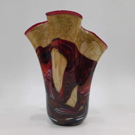 Patterned Beige Red Brown Art Glass Ruffle Vase Handmade In Poland image number 3