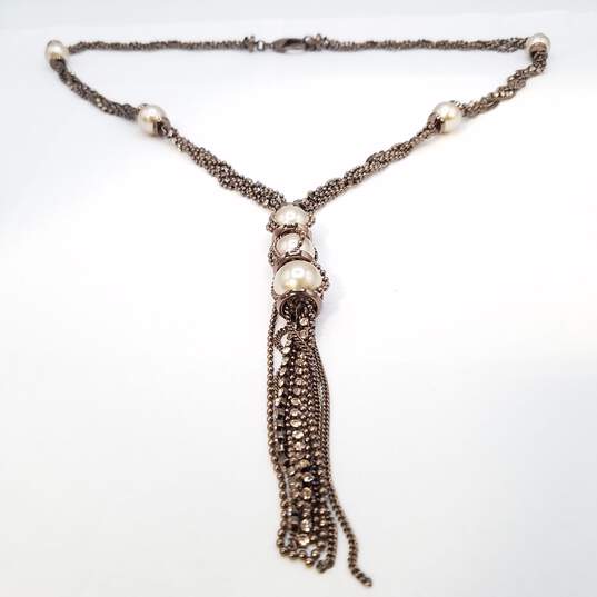 Givenchy Braze Tone Faux Pearl & Crystal Braided Bead 27.5 Chain Necklace 97.6g image number 1