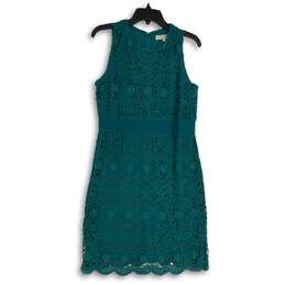 LOFT Womens Green Crochet Round Neck Sleeveless Back Zip Sheath Dress Size 4