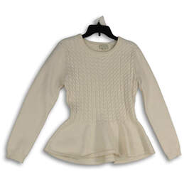 Womens White Crew Neck Long Sleeve Cable-Knit Peplum Pullover Sweater Sz 4
