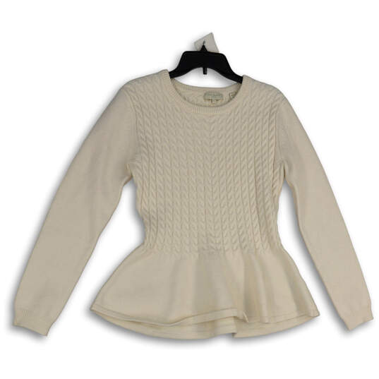 Womens White Crew Neck Long Sleeve Cable-Knit Peplum Pullover Sweater Sz 4 image number 1