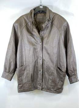 Jacqueline Ferrar Womens Brown Leather Long Sleeve Button Front Jacket Size L
