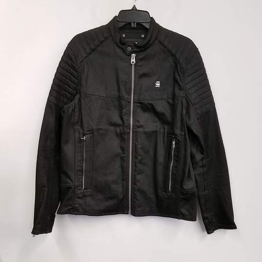 Mens Black Pockets Long Sleeve Full Zip Motorcycle Jacket Size Medium image number 1
