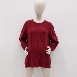 Red Maroon Cotton Cable Knit Crew Neck Sweater alternative image