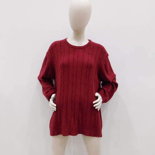Red Maroon Cotton Cable Knit Crew Neck Sweater image number 2