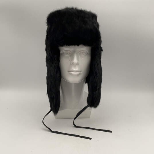 Womens Black Rabbit Fur Adjustable Ear Flap Winter Trapper Hat Size Large image number 4