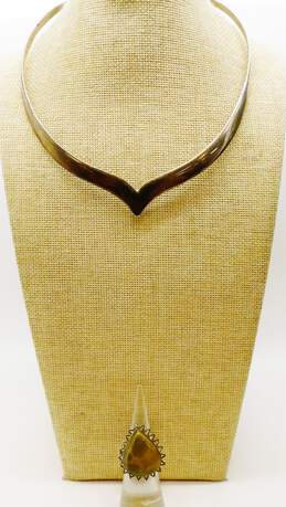 Taxco Mexico 925 Modernist Pointed Collar Necklace & Green Jasper Teardrop Ring