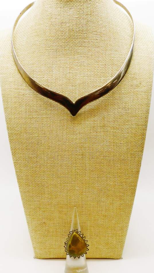Taxco Mexico 925 Modernist Pointed Collar Necklace & Green Jasper Teardrop Ring image number 1