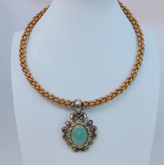 925 Copper, Brass & Leather Carolyn Pollack Green Turquoise Enhancer Pendant Necklace image number 2