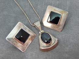 Taxco 925 Onyx Pendant Necklace & Geometric Earrings 21.7g