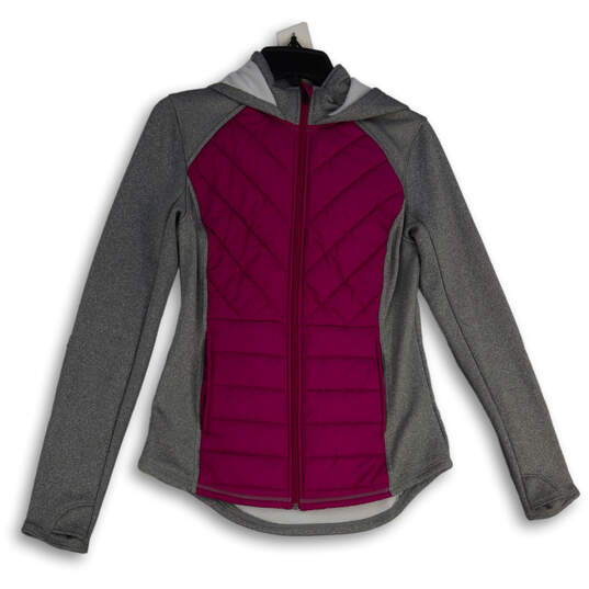 Womens Gray Magenta Long Sleeve Hooded Activewear Full-Zip Jacket Size S image number 1