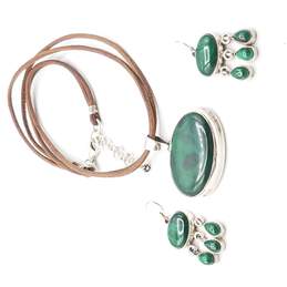 925 Silver Malachite Necklace & Earrings Set 41.34G