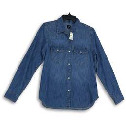 NWT Womens Blue Denim Spread Collar Long Sleeve Button-Up Shirt Size M