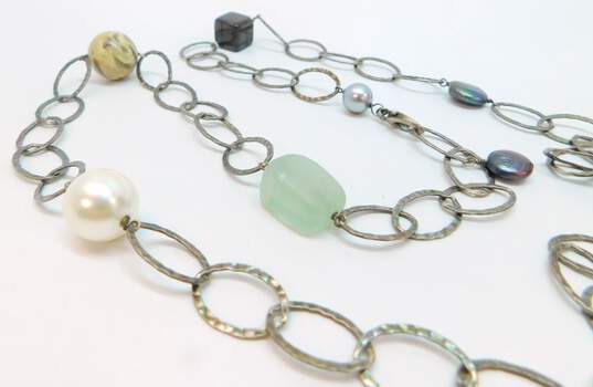 Artisan 925 Sterling Silver Smoky Quartz Agate & Faux Pearl Multi Stone Station Chain Necklace 64.7g image number 5