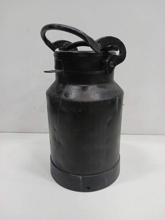 Vintage 15" Tall Black Metal Milk Can with Lid image number 1