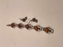 925 Sterling Silver Womens Orange Rhinestone Bracelet And Earring Set 30.4g