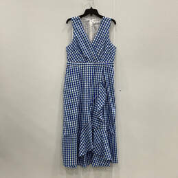 Womens Blue White Checked V-Neck Sleeveless Back-Zip Wrap Dress Size 12