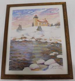 Austin Miller Artist Signed Framed Lighthouse Maritime Watercolor Art Print