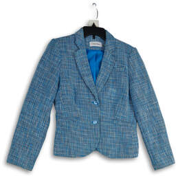 Womens Blue Notch Lapel Long Sleeve Tweed Two Button Blazer Size 10