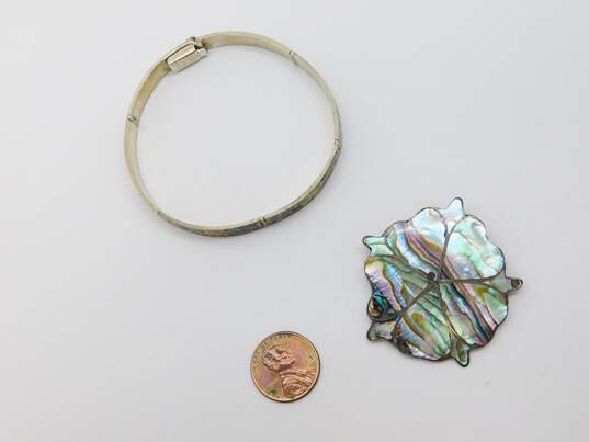 Vintage Taxco & Artisan 925 Abalone Abstract Flower Pendant Brooch & Shell & Enamel Inlay Etched Aztec Bar Linked Bracelet 25.5g image number 5