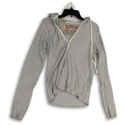 Womens Gray Long Sleeve Henley Neck Regular Fit Pullover Hoodie Size M