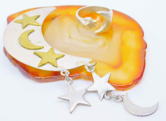 Taxco Sterling Silver & Brass Celestial Moon & Stars Brooch & Chunky Ring 22.0g image number 4
