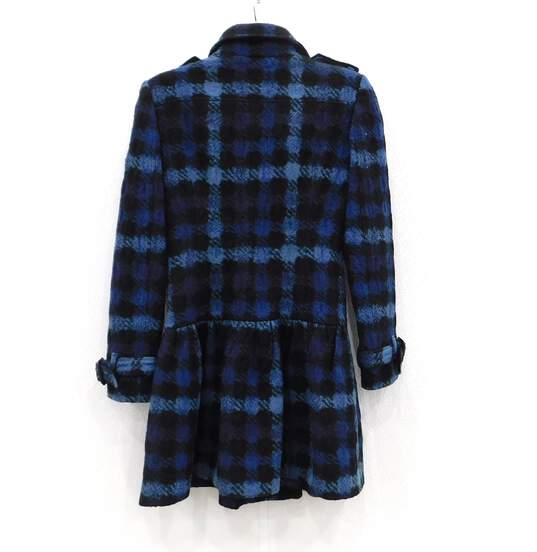 Women's Burberry Wool Double Breasted Blue Plaid Ruffle Bottom Coat image number 2