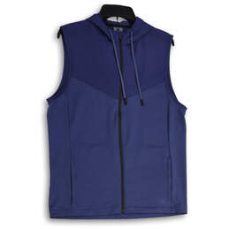Mens Blue Sleeveless Drawstring Hooded Activewear Full-Zip Vest Size M