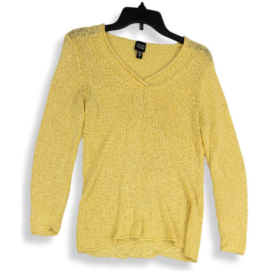 Womens Yellow Crochet V-Neck Long Sleeve Pullover Sweater Size Small image number 1