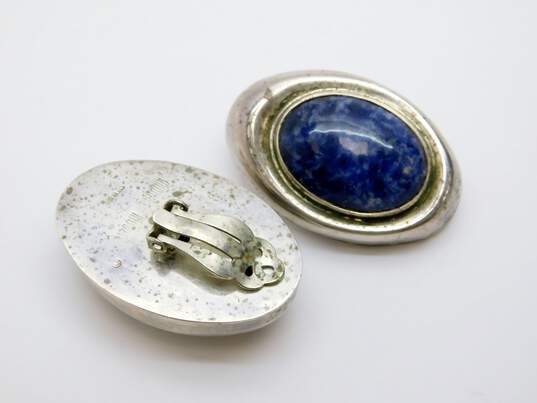 Vintage Moulage Modele Sterling Silver Sodalite Modernist Statement Clip Earrings 33.0g image number 2