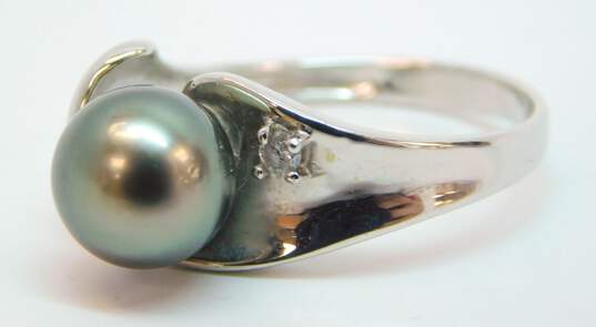 14K White Gold Black Pearl & 0.04 CT Round Diamond Ring 4.1g image number 1