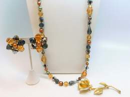 VNTG BSK Gold-tone Flower Brooch & Earth Tone Jewelry Set
