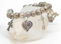 Sterling Silver Cat Crown Heart Cross Ball Beaded Charm Cuff Bracelet 38.0g alternative image