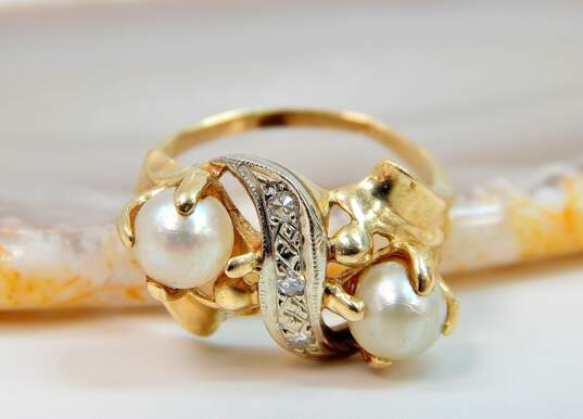 14K Yellow Gold Double Pearl 0.04 CTTW Round Diamond Freeform Ring 2.9g image number 1