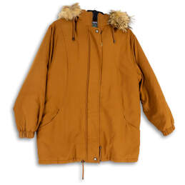 Womens Brown Faux Fur Hooded Long Sleeve Full-Zip Parka Jacket Size Medium