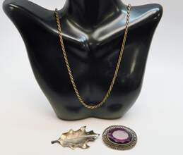 Vintage Nye & Artisan 925 Twisted Rope Chain Necklace & Faceted Purple Glass Looped Oval & Etched Leaf Brooches 36g