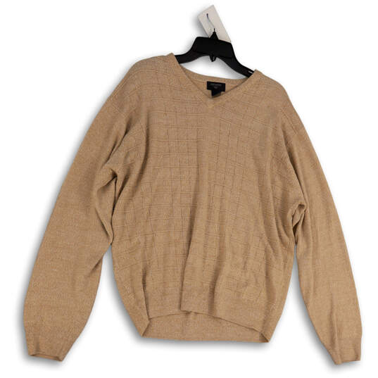 Mens Tan Stretch V-Neck Long Sleeve Classic Pullover Sweater Size XL image number 1