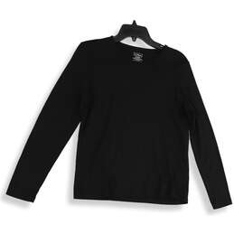 Womens Black Round Neck Long Sleeve Supima Cotton Pullover T-Shirt Size M